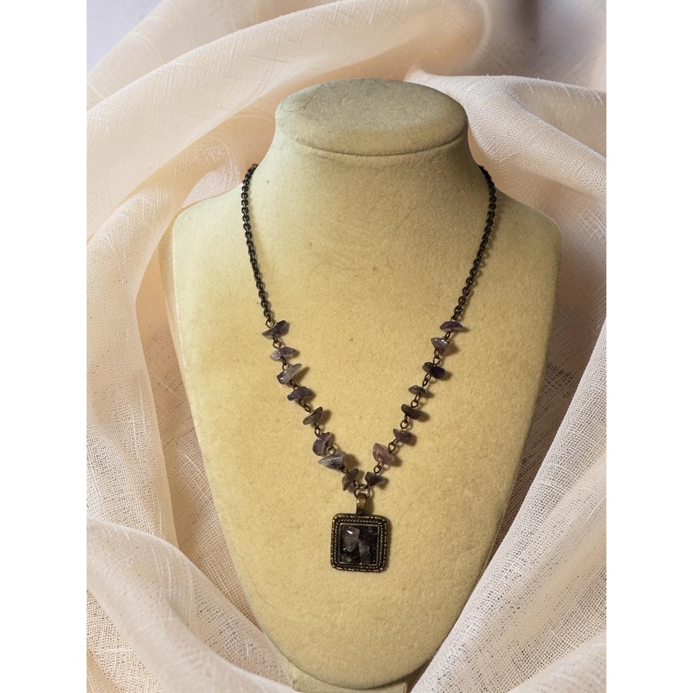 Vintage Amethyst Chip Necklace Square Pendant Boho Gemstone 17"
